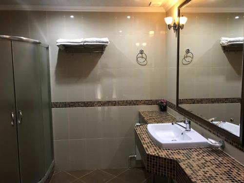 マハチカラにあるHotel Usadbaのバスルーム(シンク、シャワー、鏡付)
