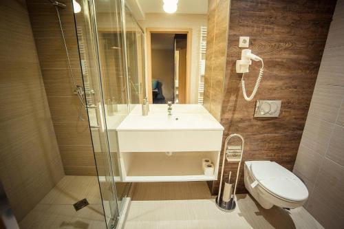 a bathroom with a sink and a toilet at Orion Apartman in Sárvár