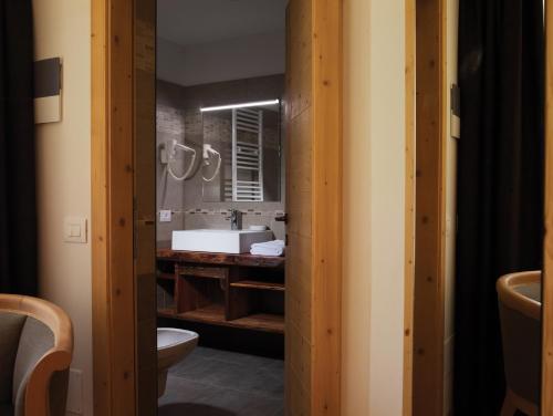 a bathroom with a sink and a toilet and a mirror at Garni Le Maddalene in Coredo