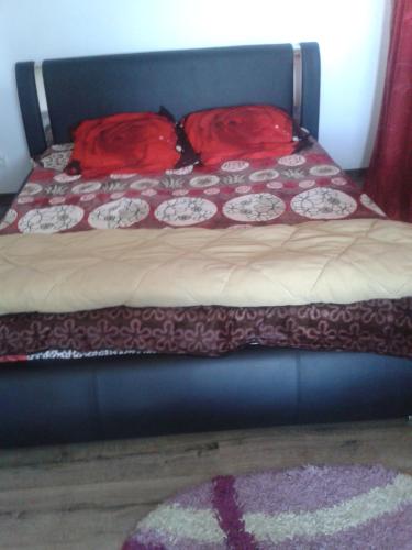 Una cama con dos almohadas rojas encima. en Villa ALEX en Slatina