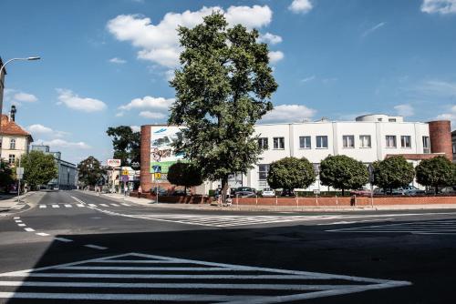 an empty street with a tree and a white building at Metropolis Apartamenty Centrum in Kalisz