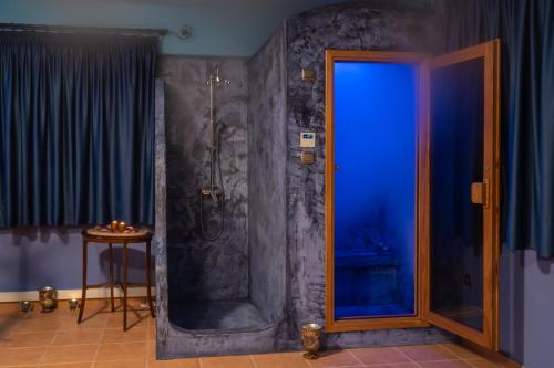 a bathroom with a shower with a glass door at Ξενώνας Οντάς και Spa in Arachova