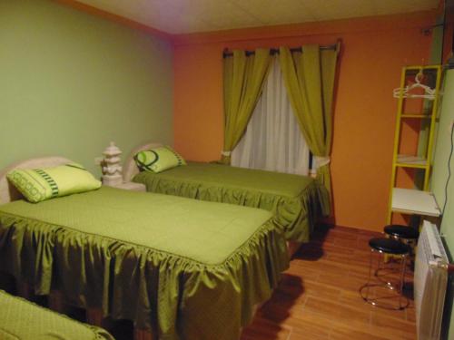 1 dormitorio con 2 camas con sábanas verdes y ventana en Eucalyptus Uyuni, en Uyuni