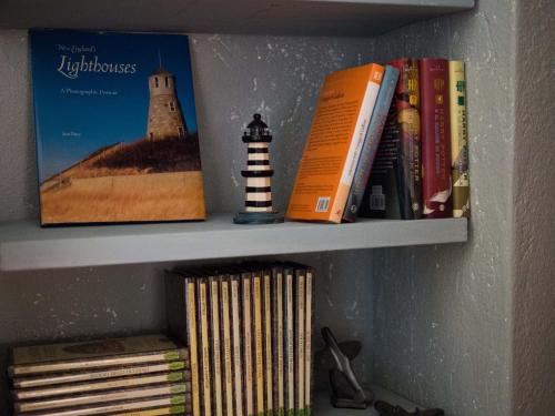 two books on a shelf with cds at La Luna nel Pozzo in Parma
