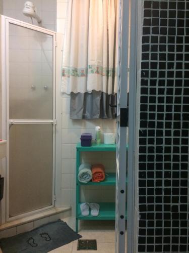 a bathroom with a shower and a green shelf at Flat Botafogo in Rio de Janeiro
