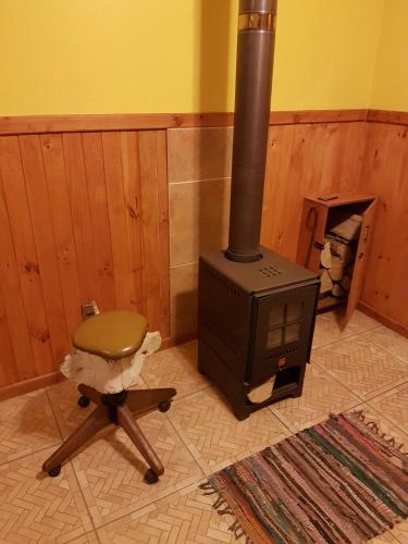 a chair and a stove in a room at La Rueda del Chucao in Valdivia