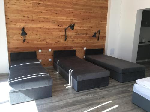 ソルクフィティにあるWilla Borowa Przystańのベッド2台が備わる木製の壁の客室です。