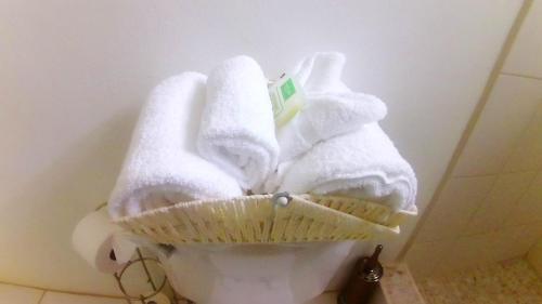a pile of towels sitting on top of a toilet at Caribbean Dream Vacation Property CD2 in Rodney Bay Village