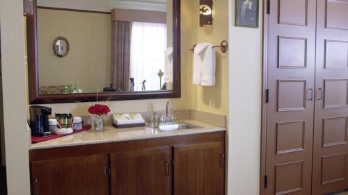 a bathroom with a sink and a mirror at Historic Plains Hotel in Cheyenne