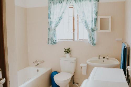 a bathroom with a toilet and a sink and a window at Shelly Beach, Villa Albatross 2 in Shelly Beach