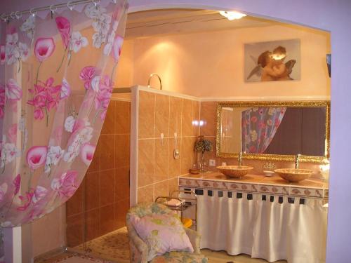 une salle de bain avec un lavabo et un miroir dans l'établissement LES BRUYERES chambre d'hôte de charme Calme assuré, à Loupia