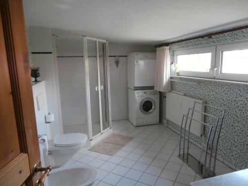 uma casa de banho com um WC e uma máquina de lavar roupa em Treibweg 41 em Husum