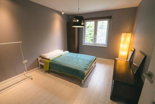 1 dormitorio con cama y ventana en Dom nad Lubie, en Lubieszewo