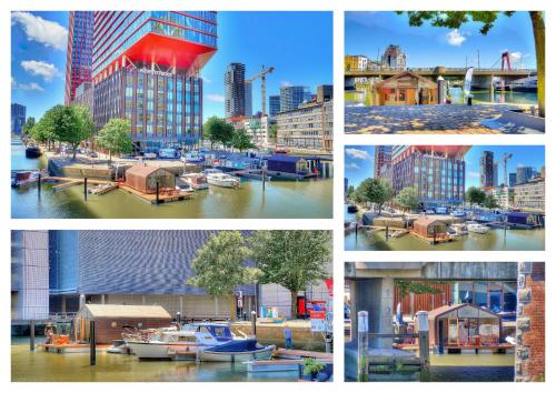 a group of four pictures of buildings and boats at Wikkelboats at Wijnhaven in Rotterdam