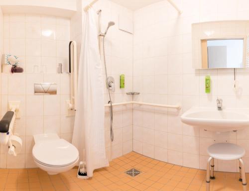 a bathroom with a shower and a toilet and a sink at Hotel Restaurant Fallerhof in Bad Krozingen
