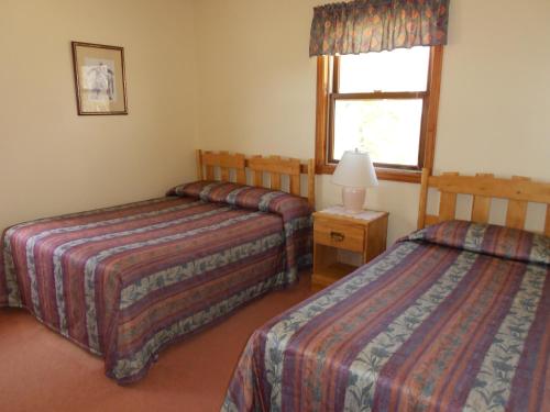 um quarto de hotel com duas camas e uma janela em Shaw's Hotel & Cottages em Brackley Beach