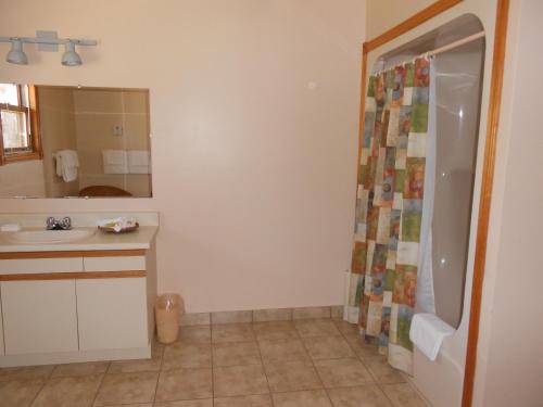 a bathroom with a sink and a shower with a mirror at Shaw's Hotel & Cottages in Brackley Beach