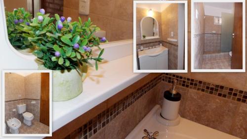 een collage van foto's van een badkamer met een plant op een wastafel bij Las Casitas de Pepin in Santa Rosa de Calamuchita