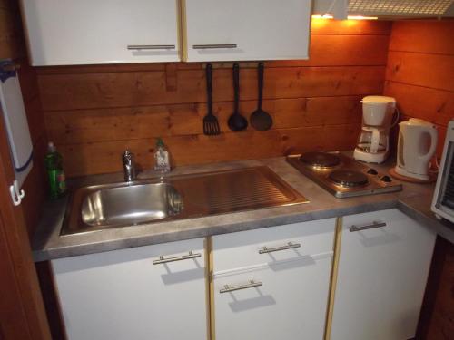 a kitchen with a sink and a stove at La Roche du Moulin in Saint-Moré