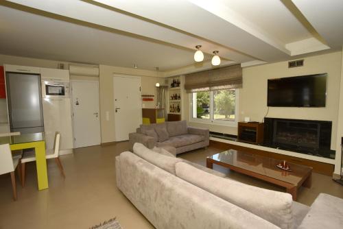 a large living room with a couch and a tv at The Villa of the Winds in Néa Kíos