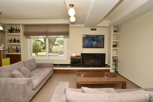 a living room with a couch and a fireplace at The Villa of the Winds in Néa Kíos