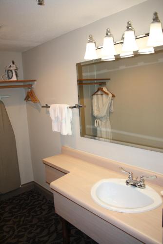 a bathroom with a sink and a mirror at The Royal Anne Hotel in Kelowna