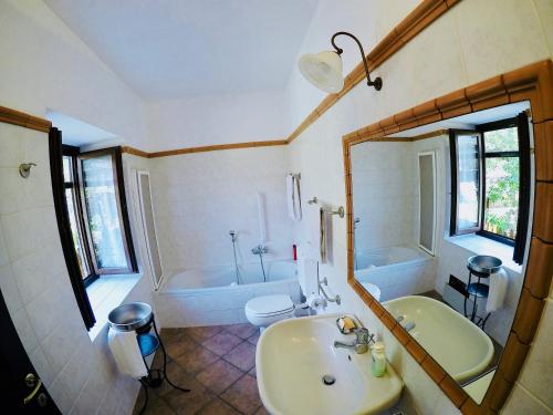 a bathroom with a sink and a tub and a toilet at ViviMontagna Katherina in Perosa Argentina