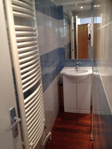 a bathroom with a white sink and a mirror at Studio pied de pistes balcon et vue montagne in Montgenèvre
