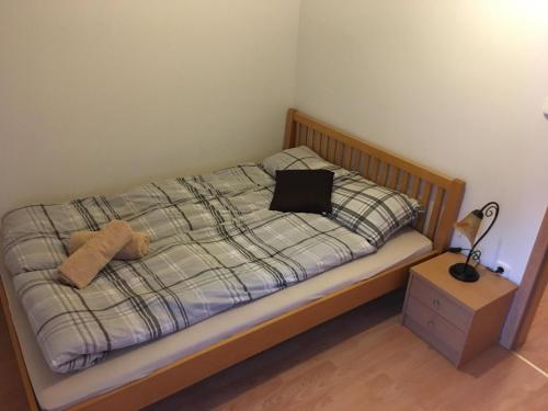 Una cama con un osito de peluche y una almohada. en Centrum - A. Apartman, en Pécs