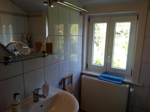 baño con lavabo, espejo y ventana en Landhaus Lautenthal, en Lautenthal