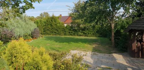 a garden with a lawn and trees and a house at Aleksandrówka - Domek Aleksander in Trześcianka
