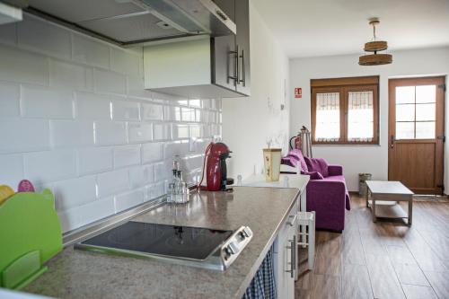 a kitchen with a counter top and a living room at El Pajar de Lina in Albarde
