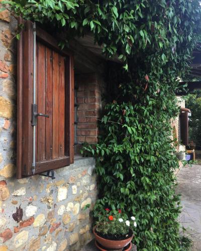 a building with a door and a bush with flowers at Podere Casanova in Montespertoli