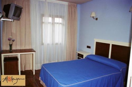 una camera da letto con un letto blu e una televisione di Hostal Atalaya a Minas de Ríotinto