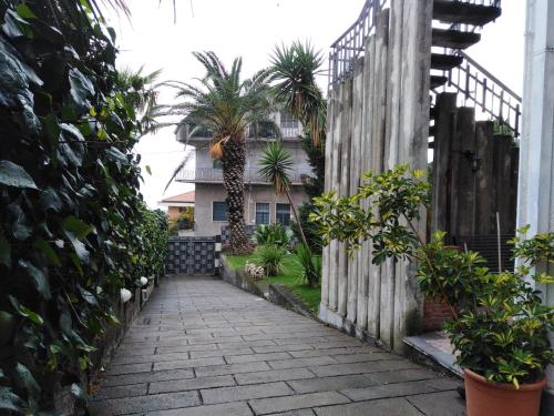 a walkway in the yard of a house with palm trees at Villa Royal Etna Stars in Zafferana Etnea