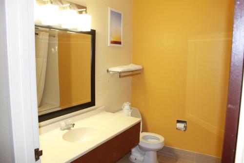 a bathroom with a sink and a toilet and a mirror at Days Inn by Wyndham Walcott Davenport in Walcott