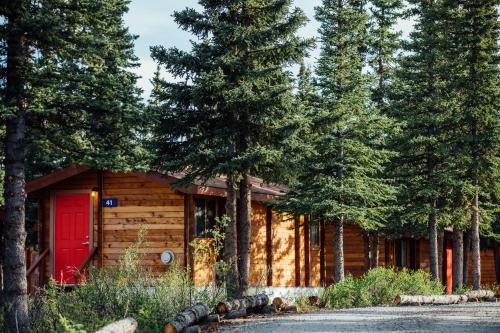 a log cabin with a red door in the woods at Denali Cabins in McKinley Park