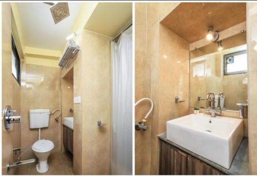 2 fotos de un baño con lavabo y aseo en Shaleen Elegance Homestay Nakki Lake 400 meters, en Mount Abu