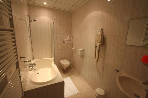 ein Bad mit einem Waschbecken, einer Dusche und einem WC in der Unterkunft Hotel Duinzicht in Scheveningen