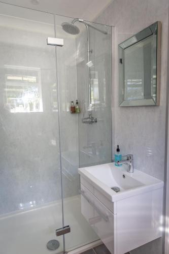 a white bathroom with a shower and a sink at Cricket Field House in Salisbury