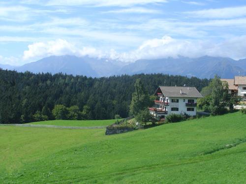 a house in a green field with mountains in the background at Haus Hafner in Avelengo