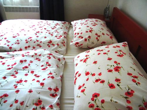 twee bedden met witte kussens met rode bloemen erop bij Rainmühle in Mariánské Lázně