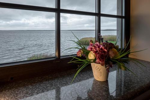 a vase of flowers sitting on a table in front of a window at Žvejų užeiga in Šiauliai