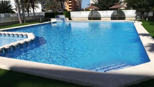 洛斯马蒂雷斯Estudio con patio en Daimus niños y mascotas consultar的一个蓝色海水的大型游泳池