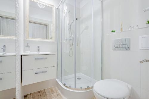 a white bathroom with a shower and a toilet at Apartamenty Novomiejska 17 in Lublin