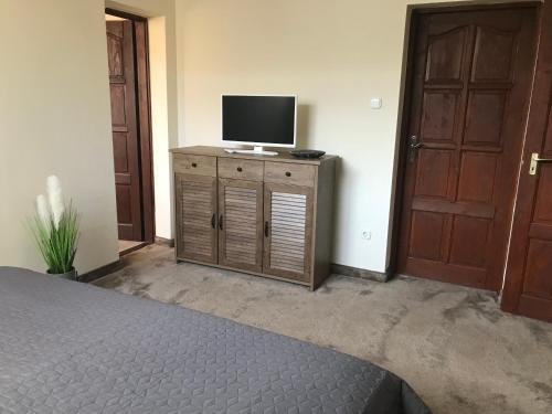 a bedroom with a bed and a television on a cabinet at Sempre Étterem És Panzió in Székesfehérvár