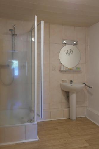 a bathroom with a shower and a sink at Zum Goldhahn in Amblève