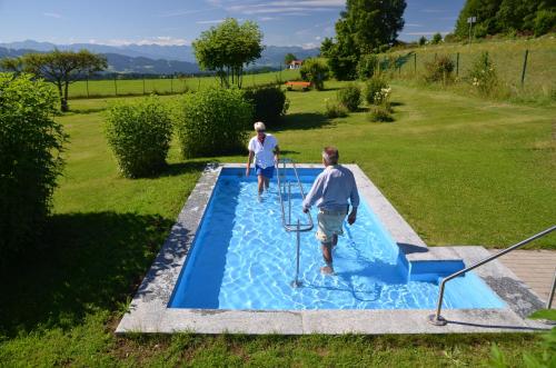 two men are playing in a swimming pool at Hotel Alpenrose gut schlafen & frühstücken in Scheidegg