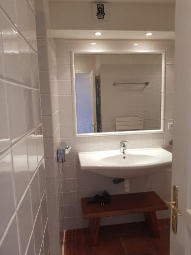 une salle de bain avec un lavabo, un miroir et une douche dans l'établissement Les Terrasses, à Bormes-les-Mimosas