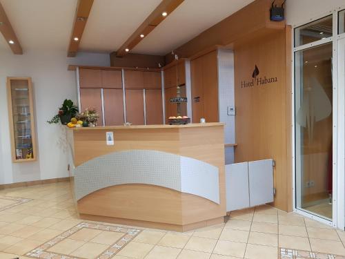 a kitchen with a counter in a room at Hotel Habana in Aalen